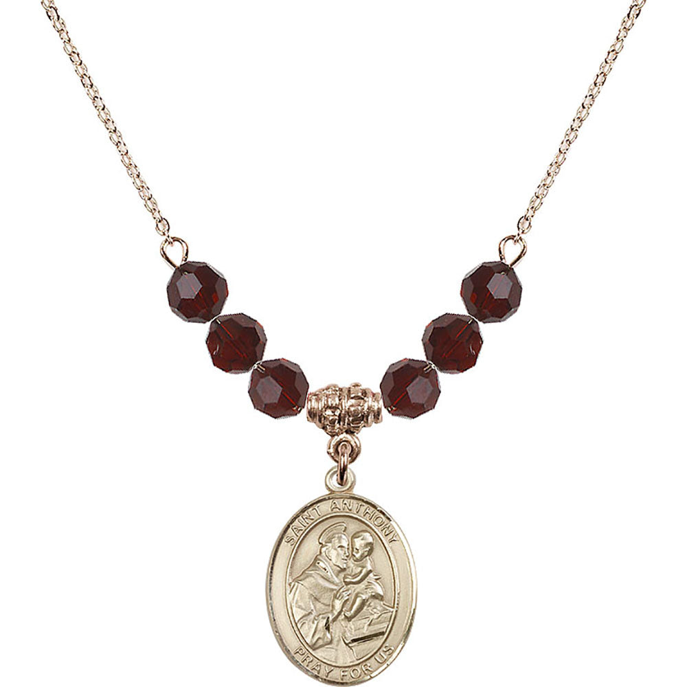 14kt Gold Filled Saint Anthony of Padua Birthstone Necklace with Garnet Beads - 8004