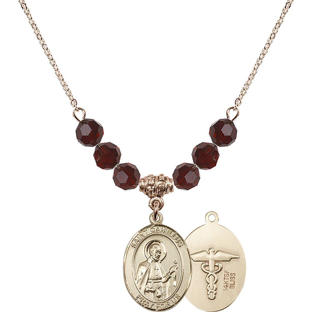 14kt Gold Filled Saint Camillus of Lellis / Nurse Birthstone Necklace with Garnet Beads - 8019