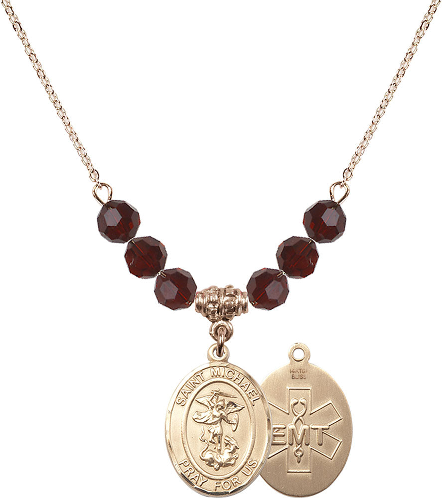 14kt Gold Filled Saint Michael / EMT Birthstone Necklace with Garnet Beads - 8076
