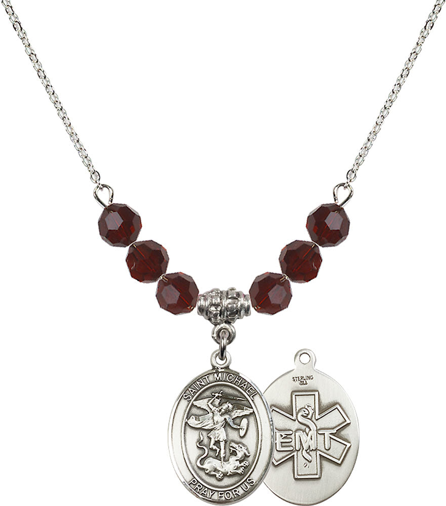 Sterling Silver Saint Michael / EMT Birthstone Necklace with Garnet Beads - 8076