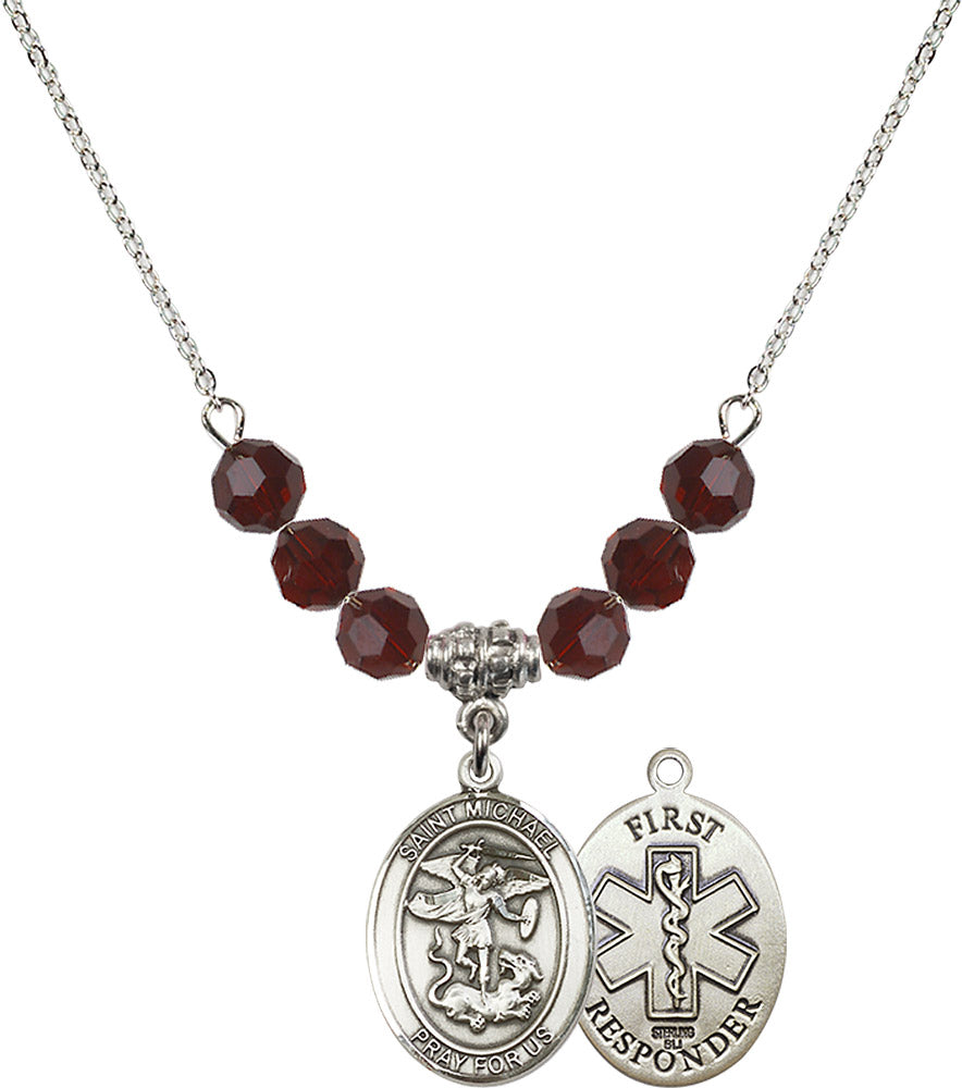 Sterling Silver Saint Michael/1St Responder Birthstone Necklace with Garnet Beads - 8076