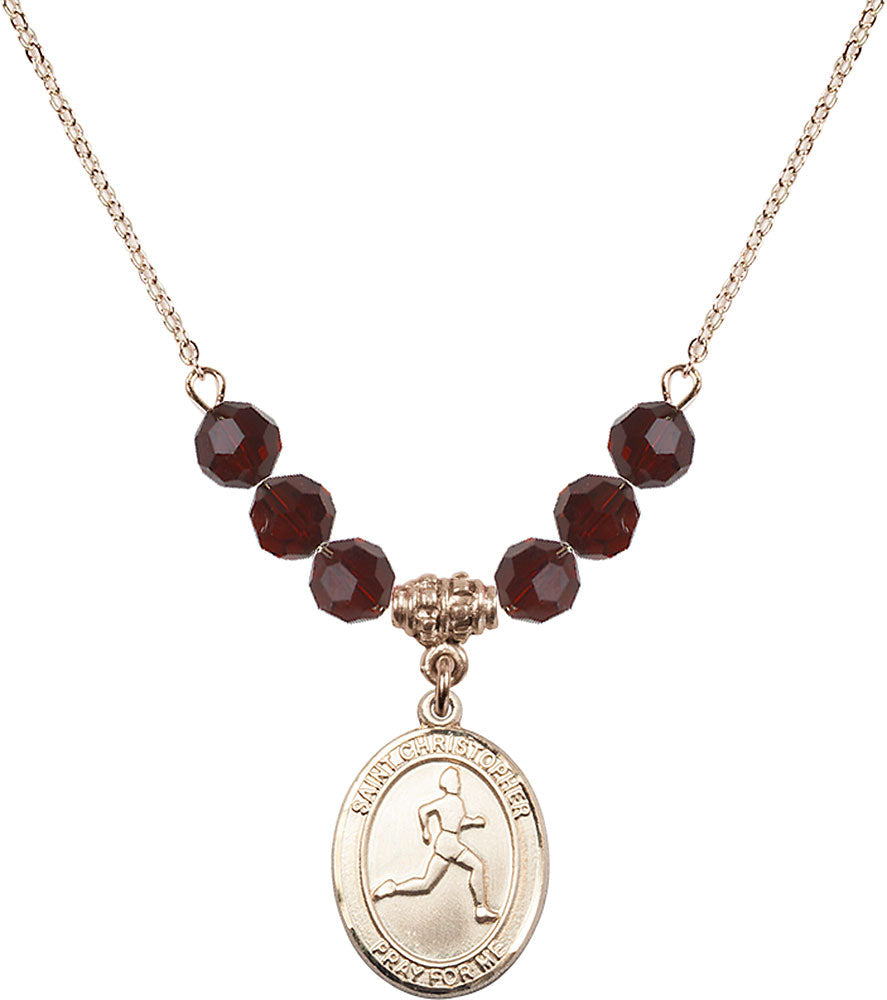 14kt Gold Filled Saint Christopher/Track & Field Birthstone Necklace with Garnet Beads - 8149