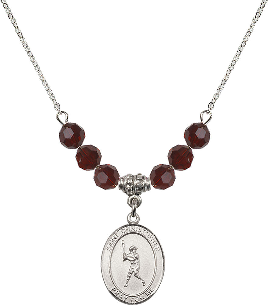 Sterling Silver Saint Christopher/Baseball Birthstone Necklace with Garnet Beads - 8150