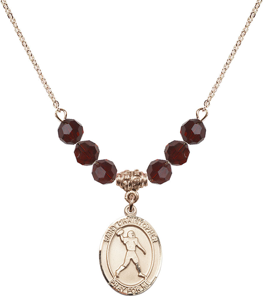 14kt Gold Filled Saint Christopher/Football Birthstone Necklace with Garnet Beads - 8151