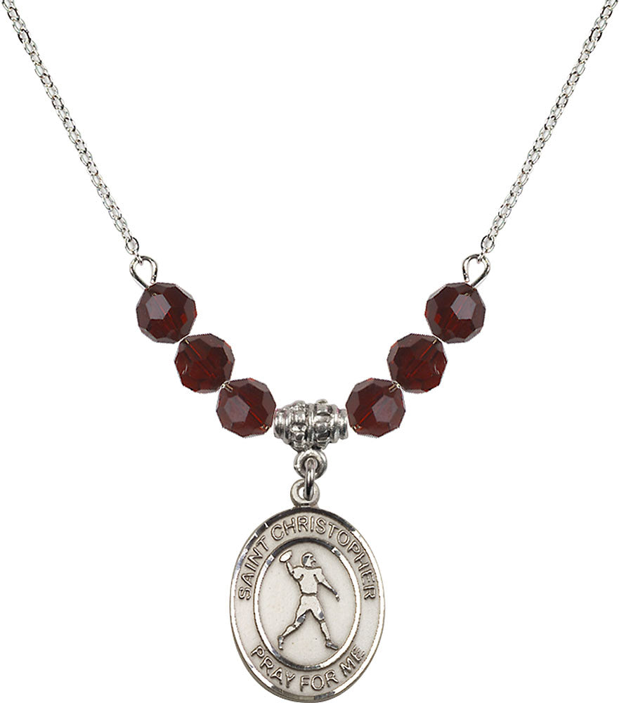 Sterling Silver Saint Christopher/Football Birthstone Necklace with Garnet Beads - 8151