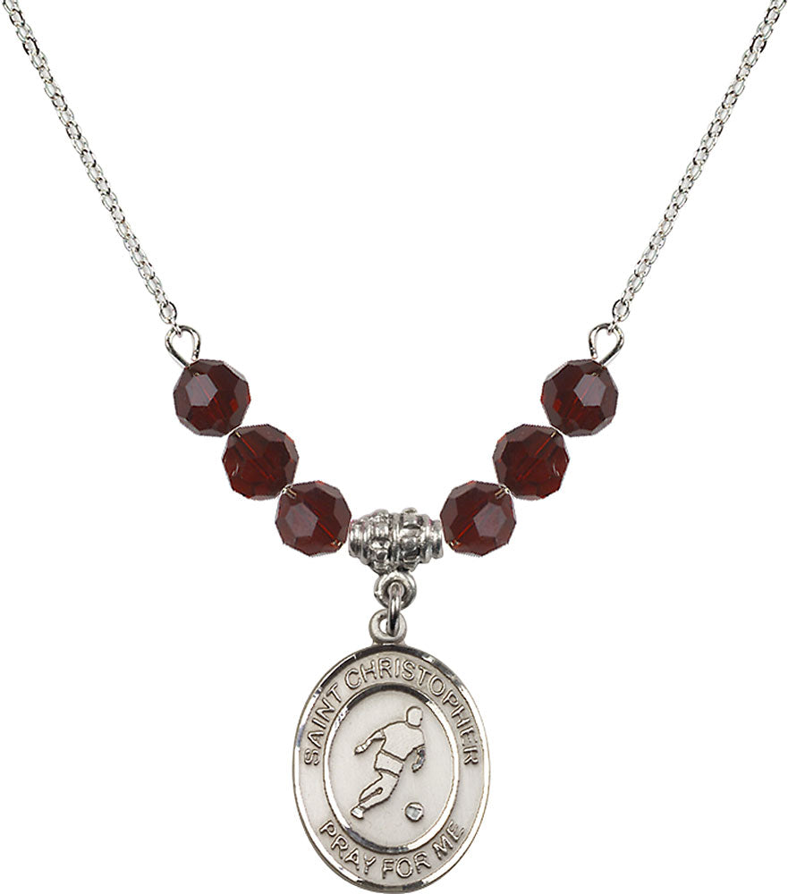 Sterling Silver Saint Christopher/Soccer Birthstone Necklace with Garnet Beads - 8154