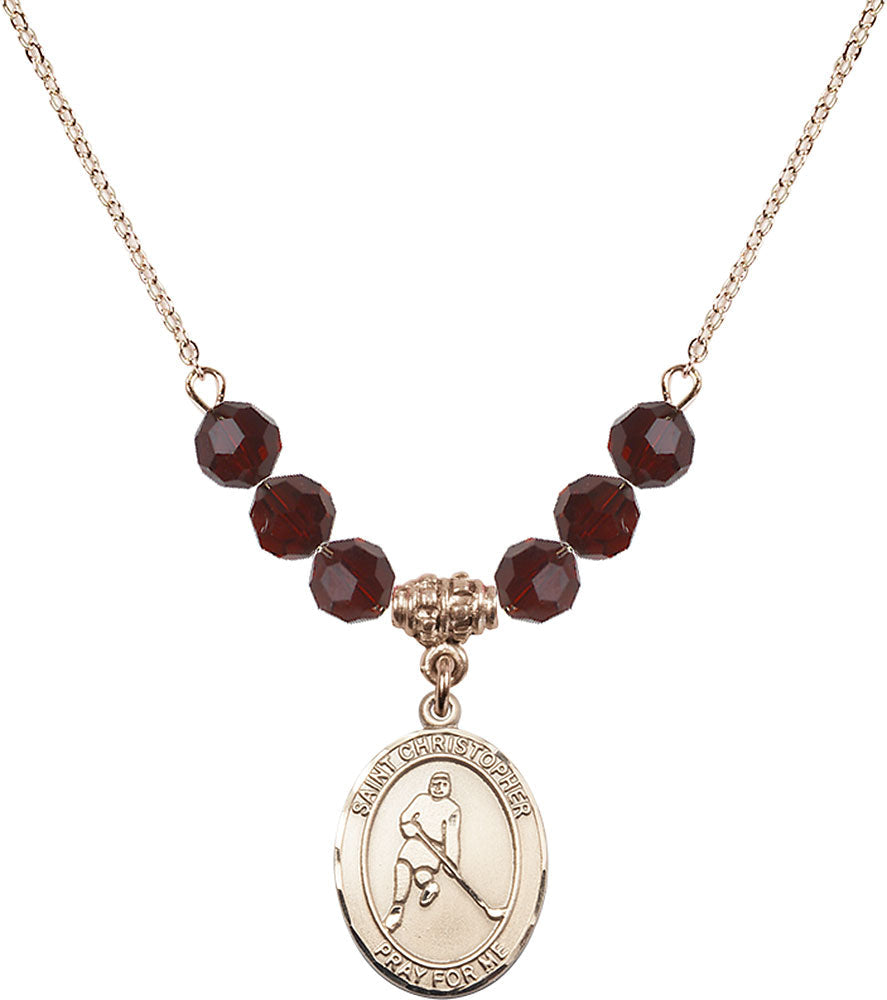 14kt Gold Filled Saint Christopher/Ice Hockey Birthstone Necklace with Garnet Beads - 8155