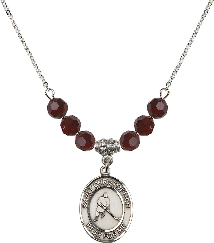 Sterling Silver Saint Christopher/Ice Hockey Birthstone Necklace with Garnet Beads - 8155