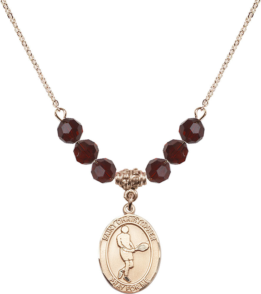 14kt Gold Filled Saint Christopher/Tennis Birthstone Necklace with Garnet Beads - 8156