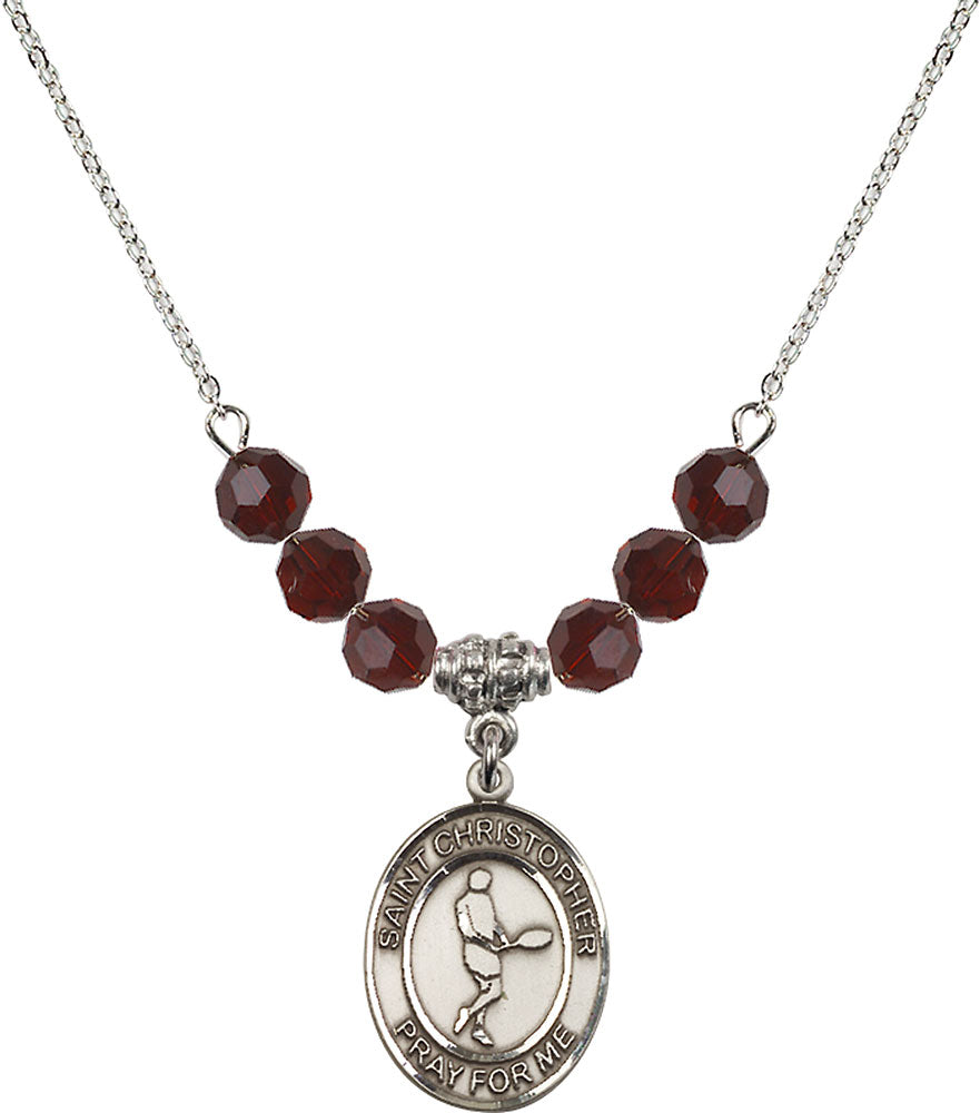Sterling Silver Saint Christopher/Tennis Birthstone Necklace with Garnet Beads - 8156