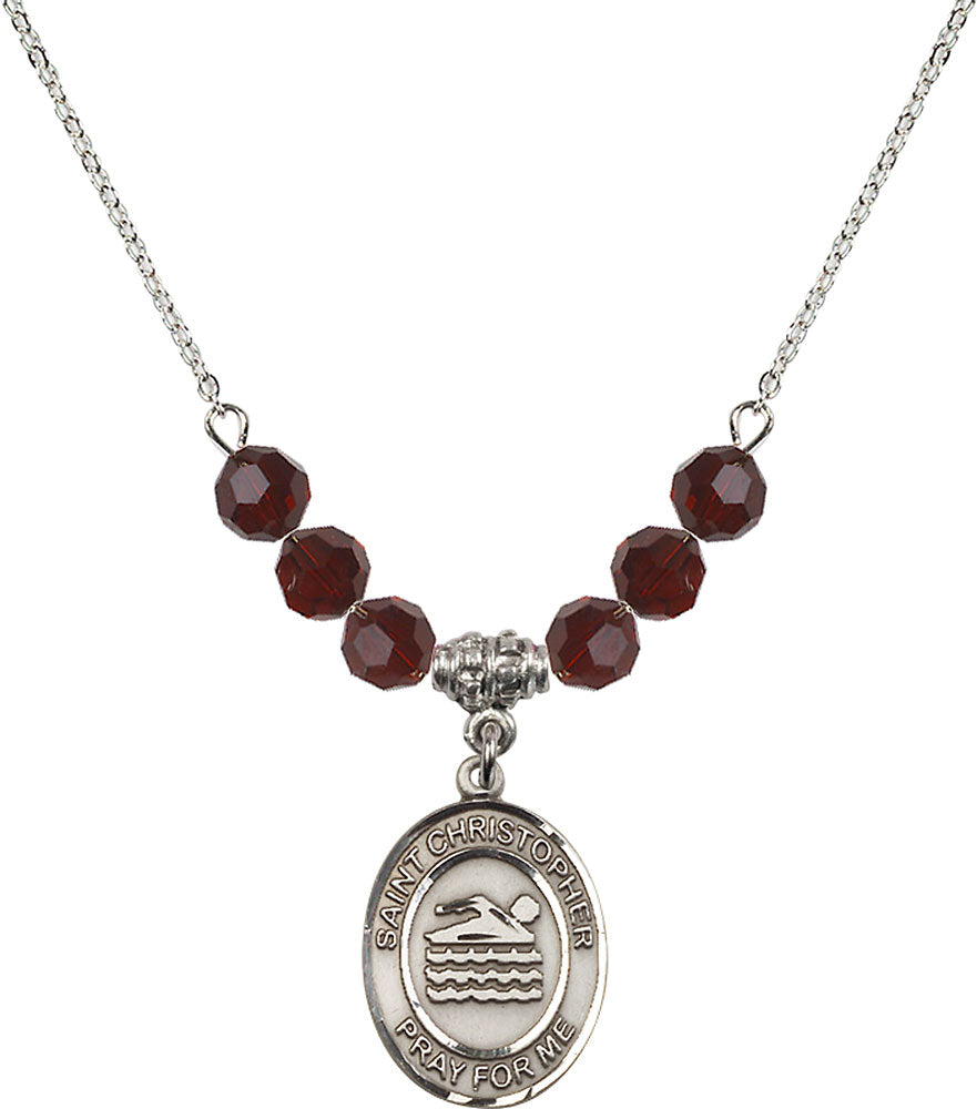 Sterling Silver Saint Christopher/Swimming Birthstone Necklace with Garnet Beads - 8157
