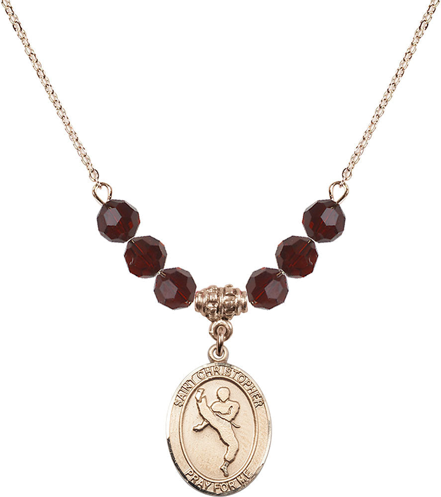 14kt Gold Filled Saint Christopher/Martial Arts Birthstone Necklace with Garnet Beads - 8158