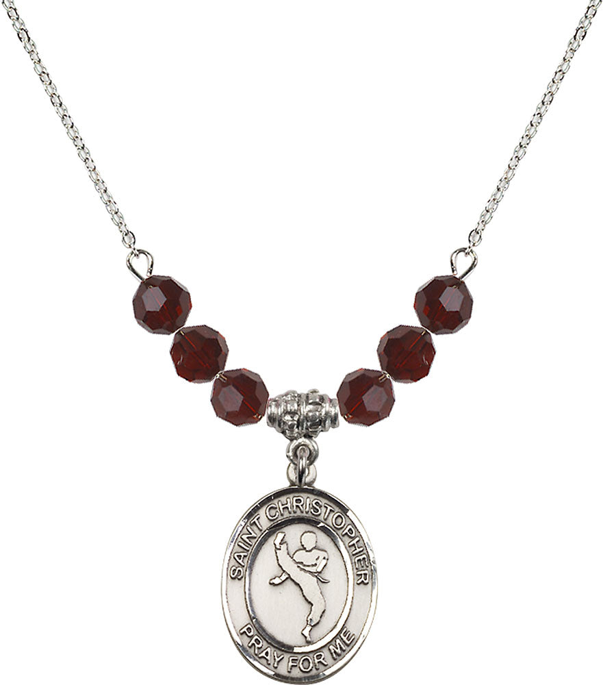 Sterling Silver Saint Christopher/Martial Arts Birthstone Necklace with Garnet Beads - 8158