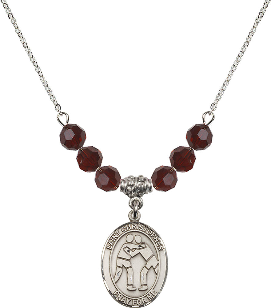 Sterling Silver Saint Christopher/Wrestling Birthstone Necklace with Garnet Beads - 8159