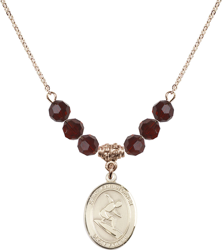 14kt Gold Filled Saint Christopher/Surfing Birthstone Necklace with Garnet Beads - 8184