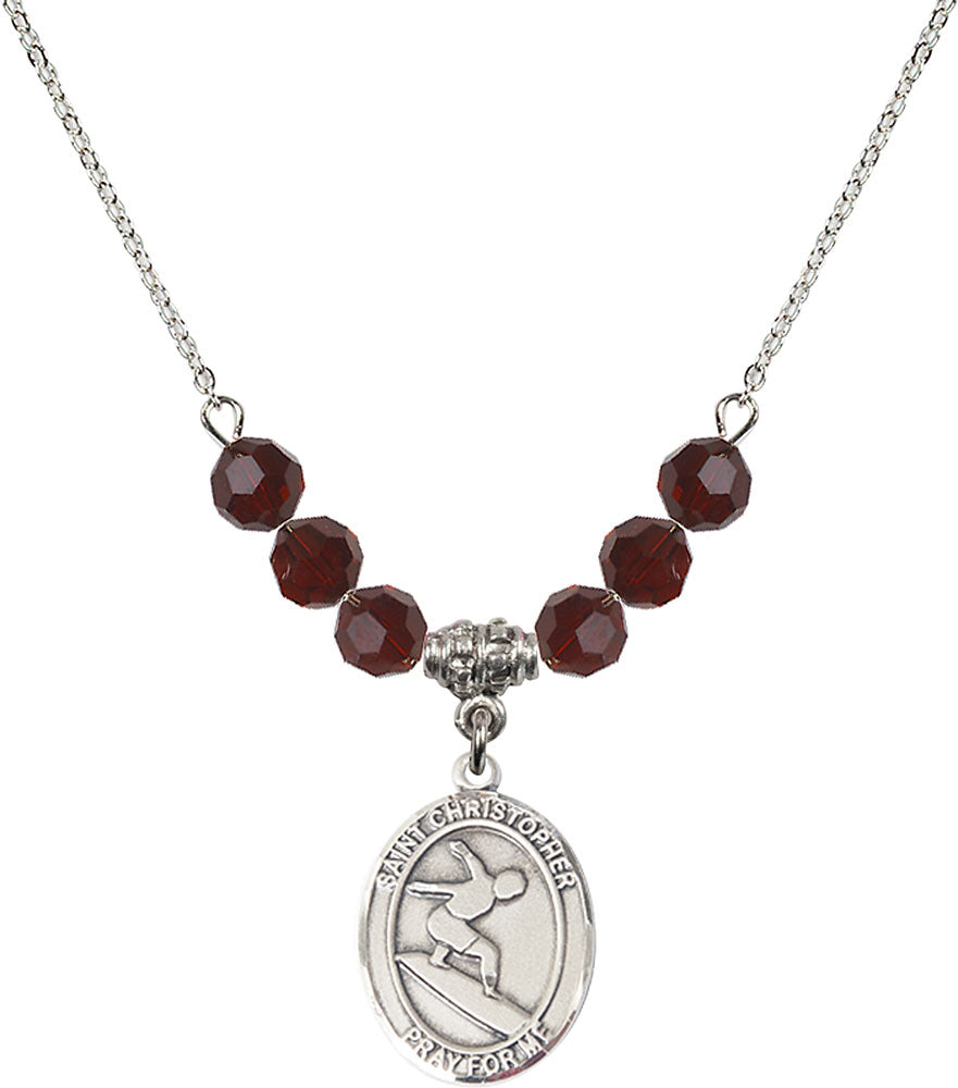 Sterling Silver Saint Christopher/Surfing Birthstone Necklace with Garnet Beads - 8184
