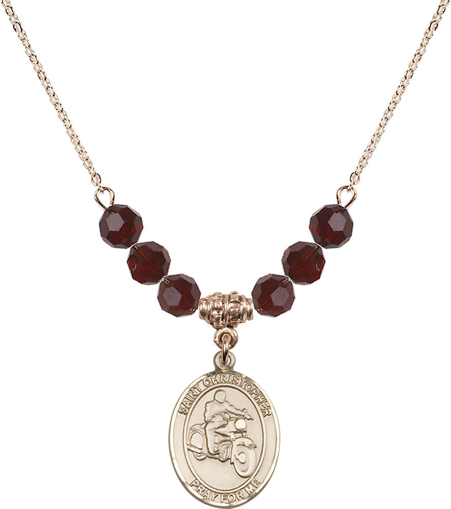 14kt Gold Filled Saint Christopher/Motorcycle Birthstone Necklace with Garnet Beads - 8185
