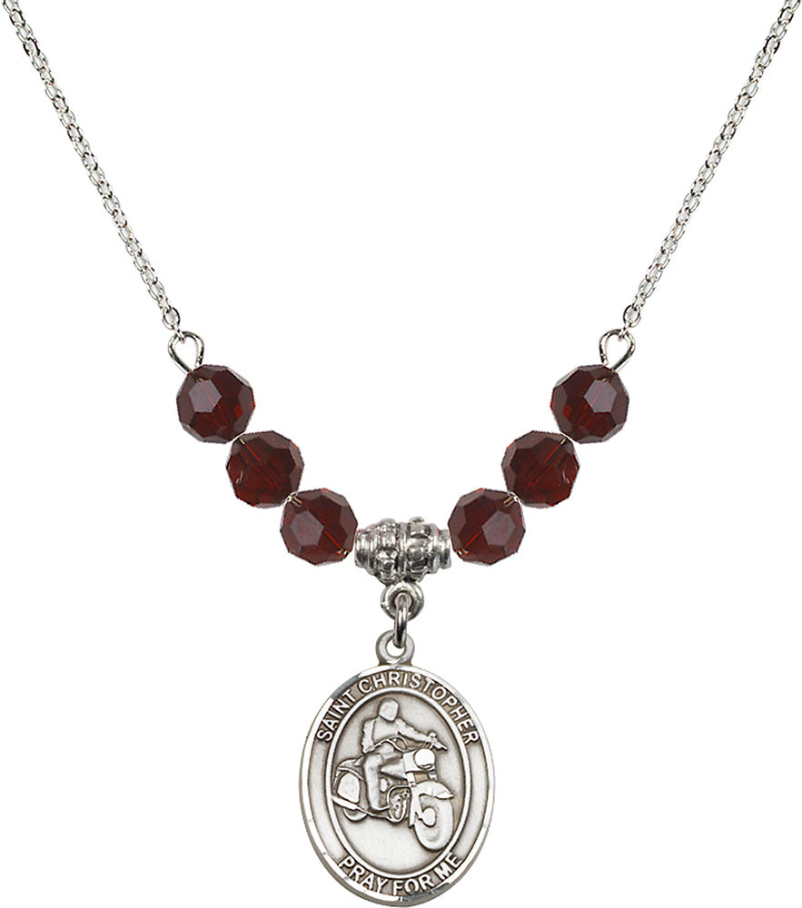 Sterling Silver Saint Christopher/Motorcycle Birthstone Necklace with Garnet Beads - 8185