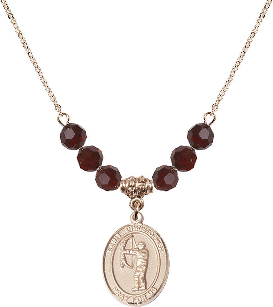 14kt Gold Filled Saint Christopher/Archery Birthstone Necklace with Garnet Beads - 8190