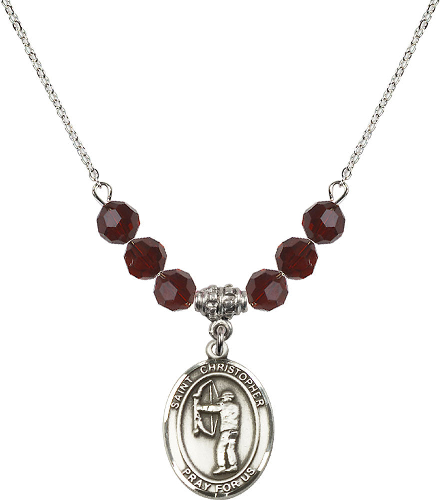 Sterling Silver Saint Christopher/Archery Birthstone Necklace with Garnet Beads - 8190