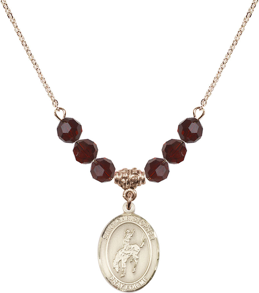 14kt Gold Filled Saint Christopher / Rodeo Birthstone Necklace with Garnet Beads - 8192