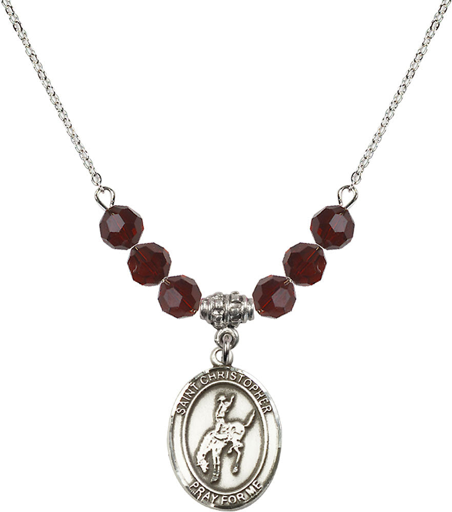 Sterling Silver Saint Christopher / Rodeo Birthstone Necklace with Garnet Beads - 8192
