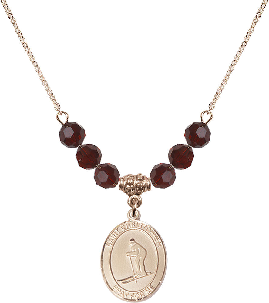14kt Gold Filled Saint Christopher / Skiing Birthstone Necklace with Garnet Beads - 8193