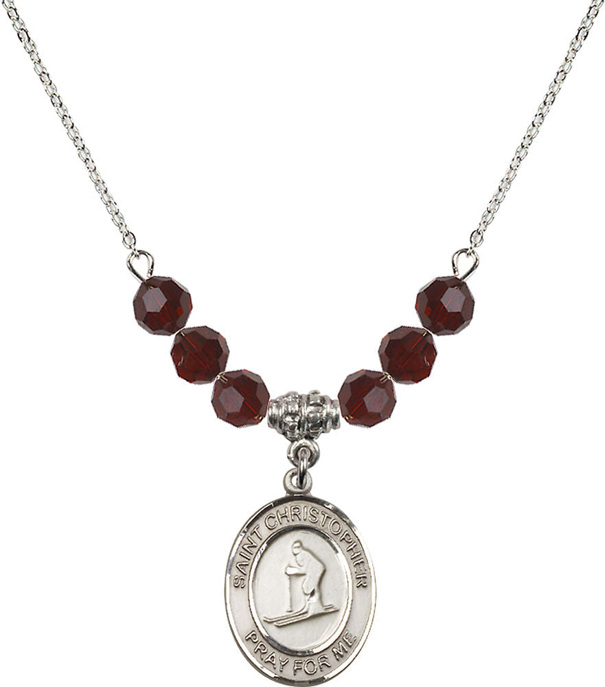 Sterling Silver Saint Christopher / Skiing Birthstone Necklace with Garnet Beads - 8193