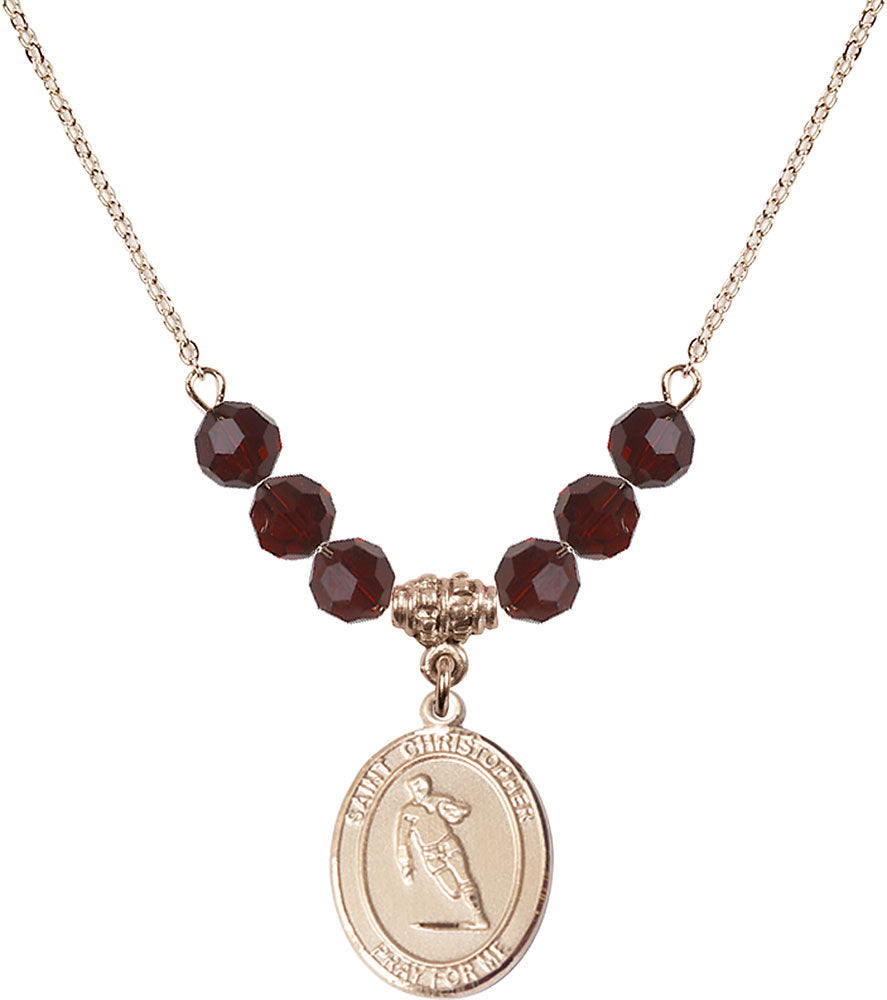 14kt Gold Filled Saint Christopher / Rugby Birthstone Necklace with Garnet Beads - 8194
