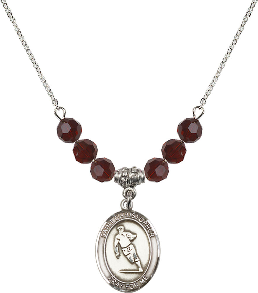 Sterling Silver Saint Christopher / Rugby Birthstone Necklace with Garnet Beads - 8194