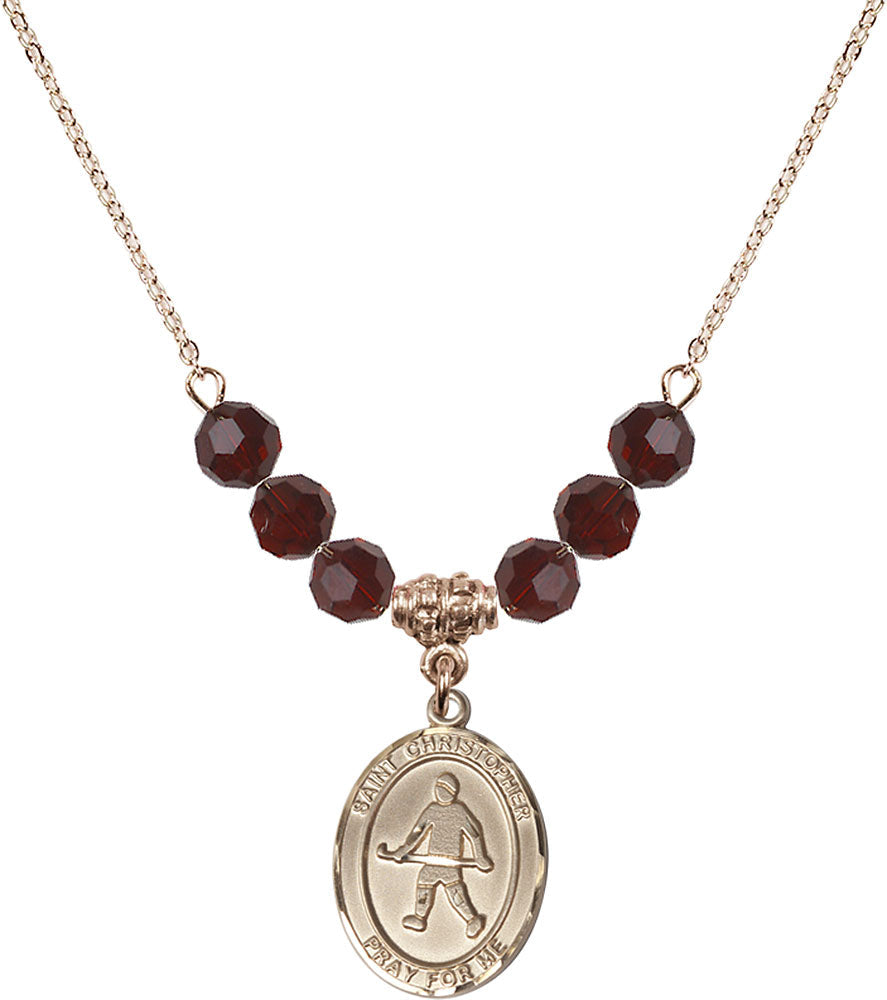 14kt Gold Filled Saint Christopher / Field Hockey Birthstone Necklace with Garnet Beads - 8195
