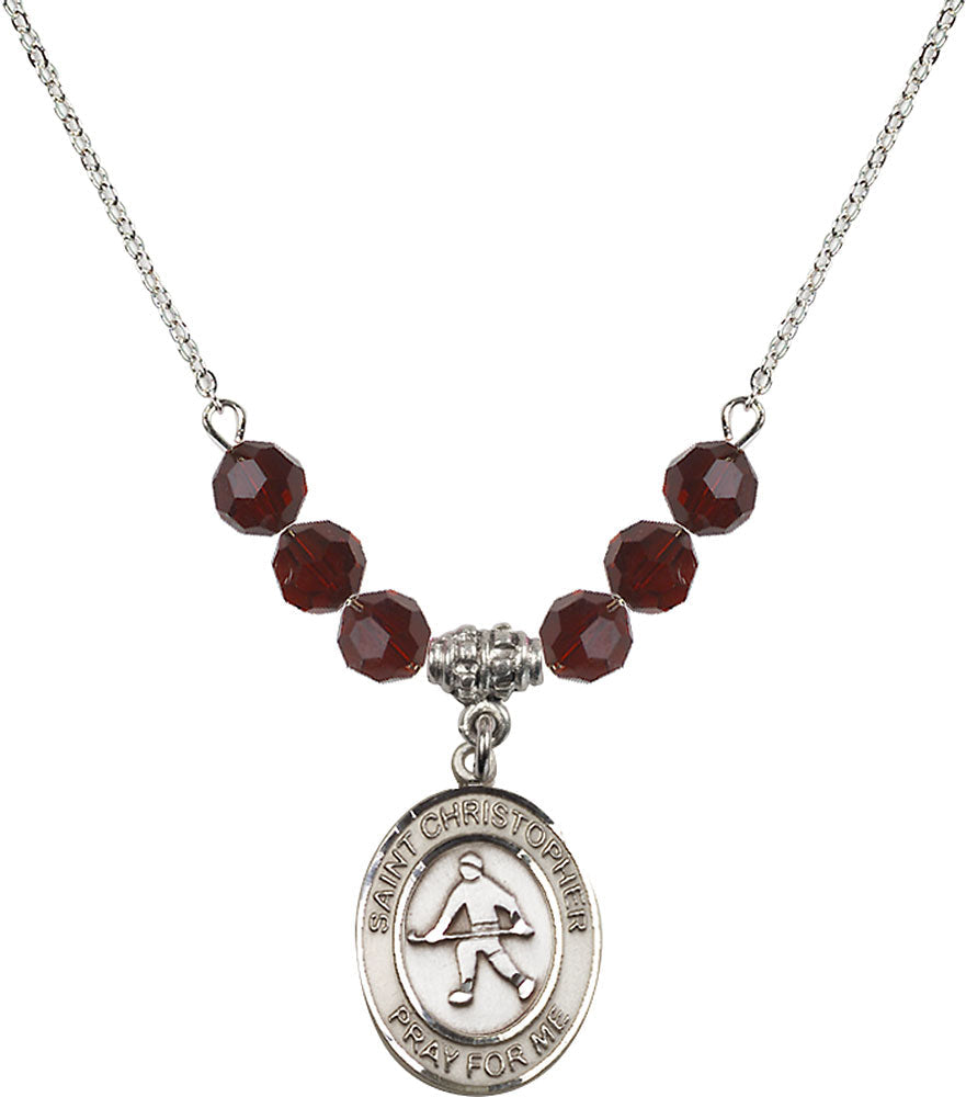 Sterling Silver Saint Christopher / Field Hockey Birthstone Necklace with Garnet Beads - 8195