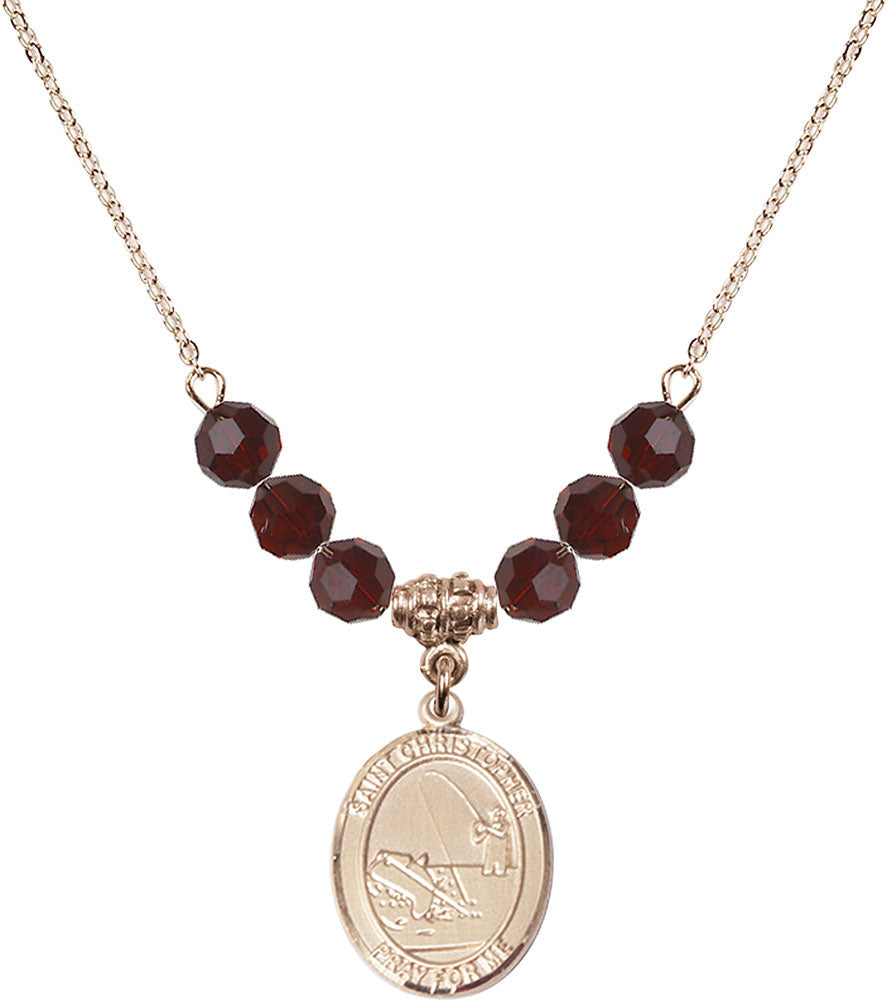 14kt Gold Filled Saint Christopher / Fishing Birthstone Necklace with Garnet Beads - 8196