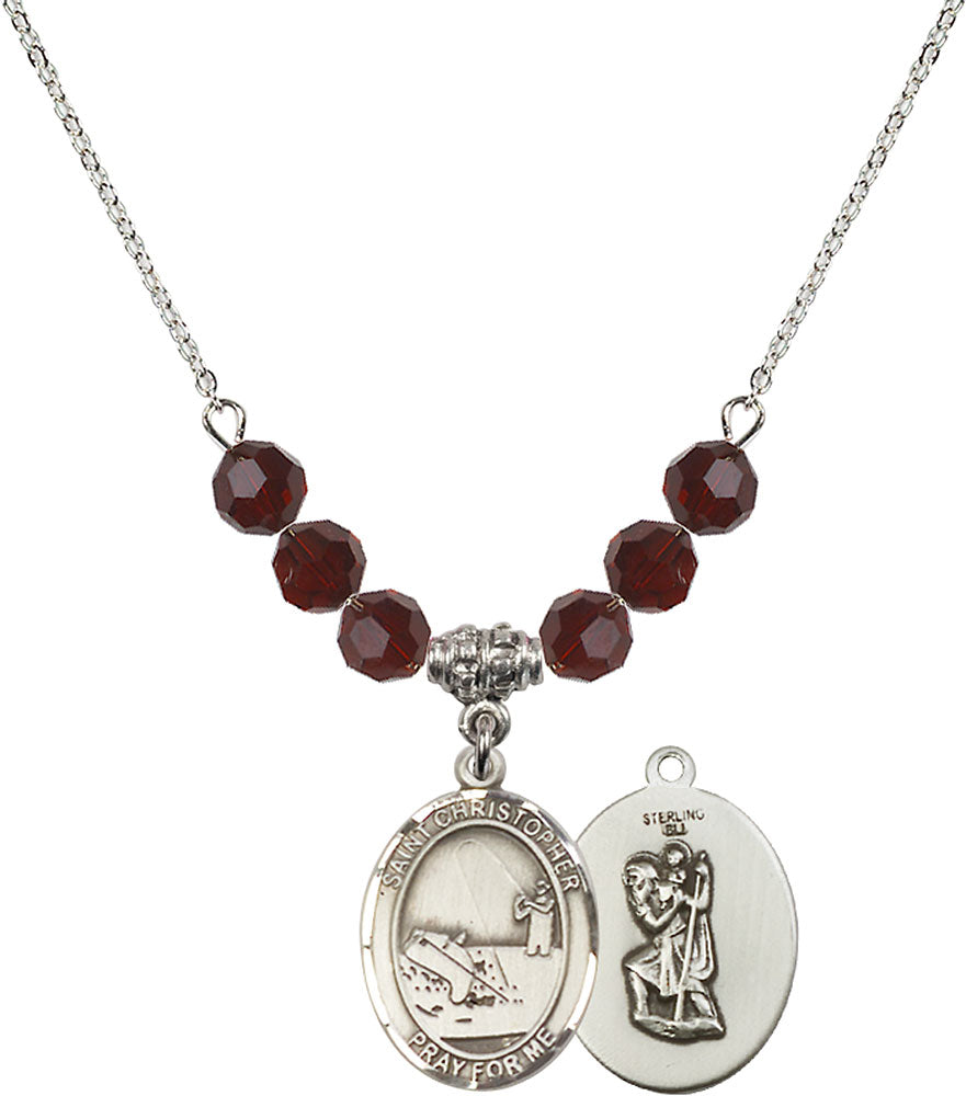 Sterling Silver Saint Christopher / Fishing Birthstone Necklace with Garnet Beads - 8196