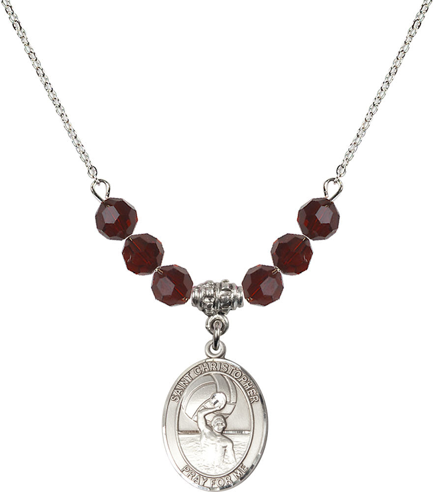 Sterling Silver Saint Christopher/Water Polo-Men Birthstone Necklace with Garnet Beads - 8198
