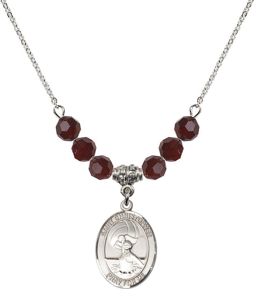 Sterling Silver Saint Christopher/Water Polo-Women Birthstone Necklace with Garnet Beads - 8199
