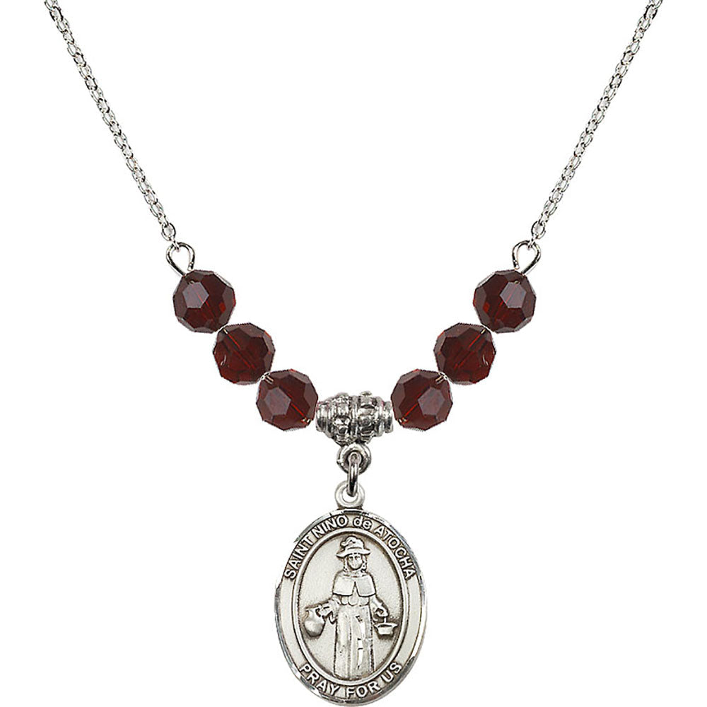 Sterling Silver Saint Nino de Atocha Birthstone Necklace with Garnet Beads - 8214