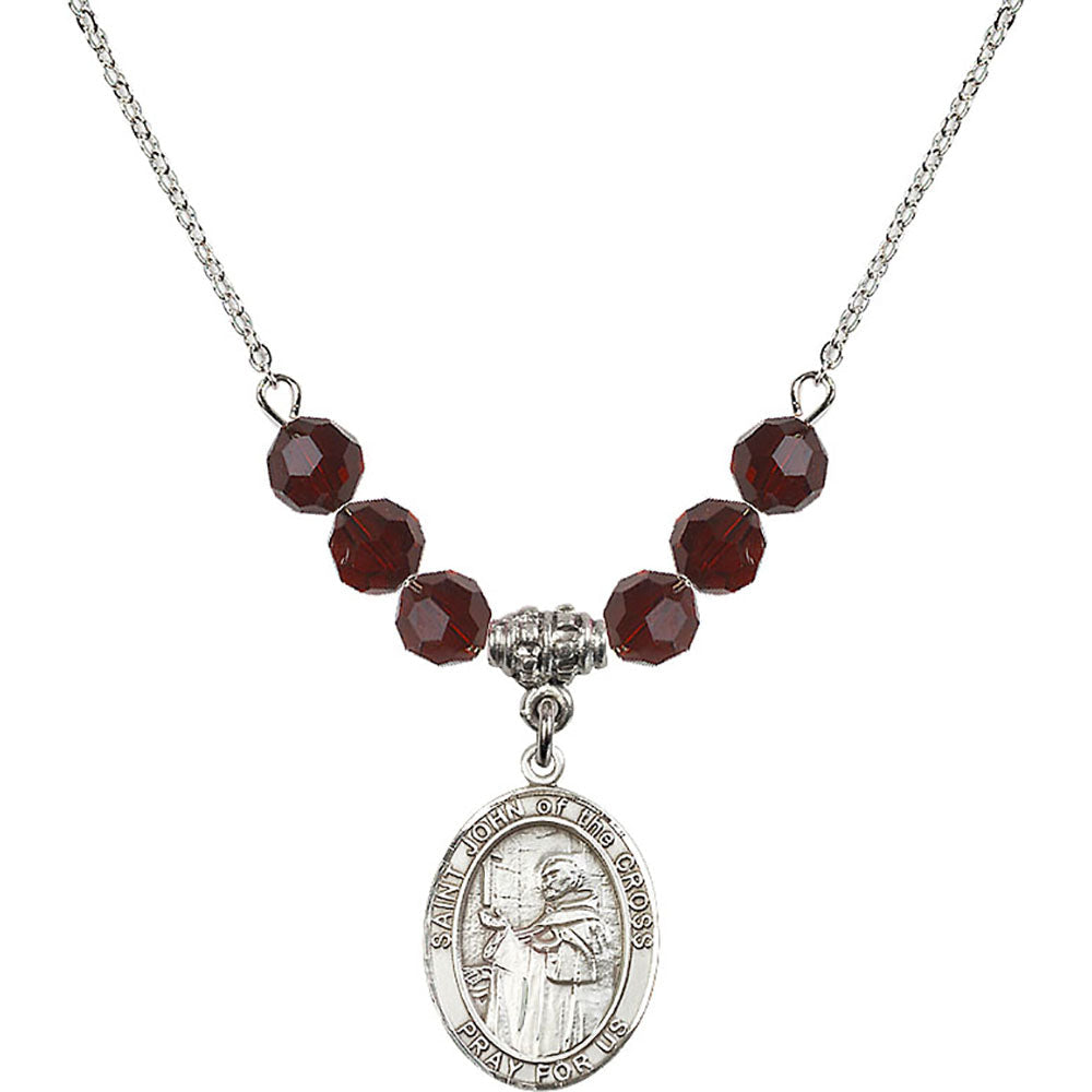 Sterling Silver Saint John of the Cross Birthstone Necklace with Garnet Beads - 8231