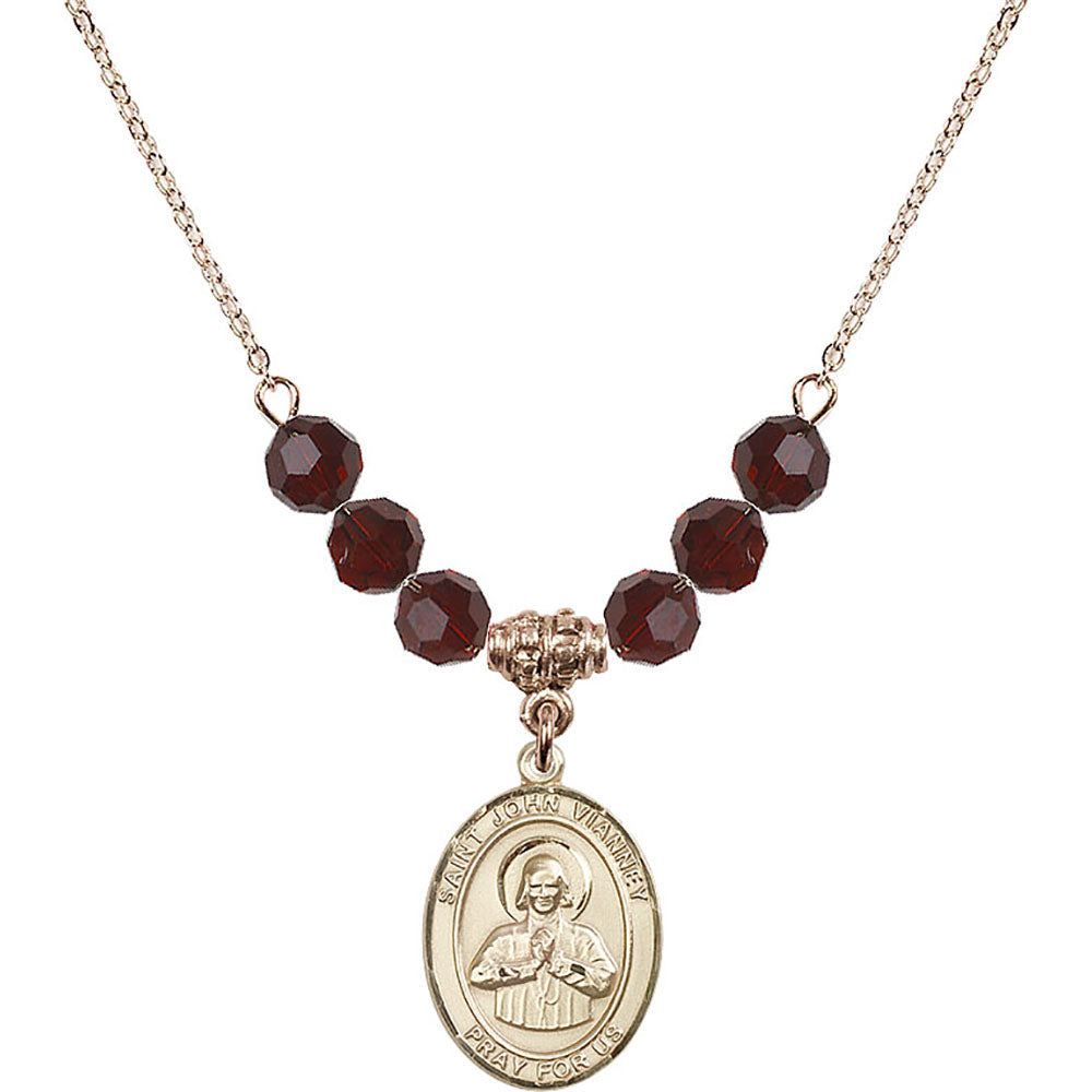 14kt Gold Filled Saint John Vianney Birthstone Necklace with Garnet Beads - 8282