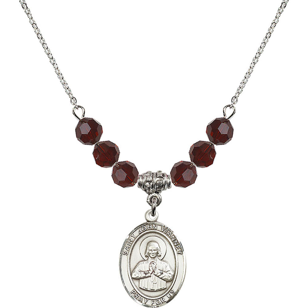 Sterling Silver Saint John Vianney Birthstone Necklace with Garnet Beads - 8282