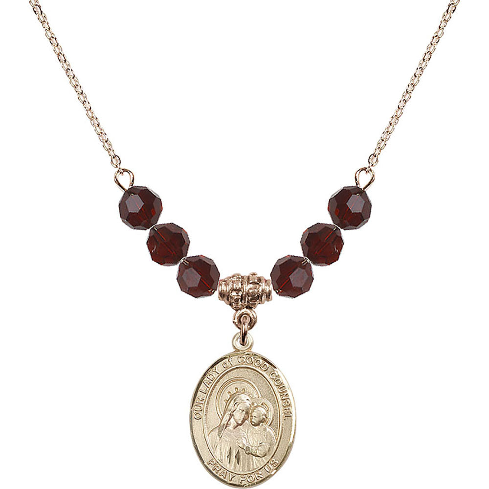 14kt Gold Filled Our Lady of Good Counsel Birthstone Necklace with Garnet Beads - 8287