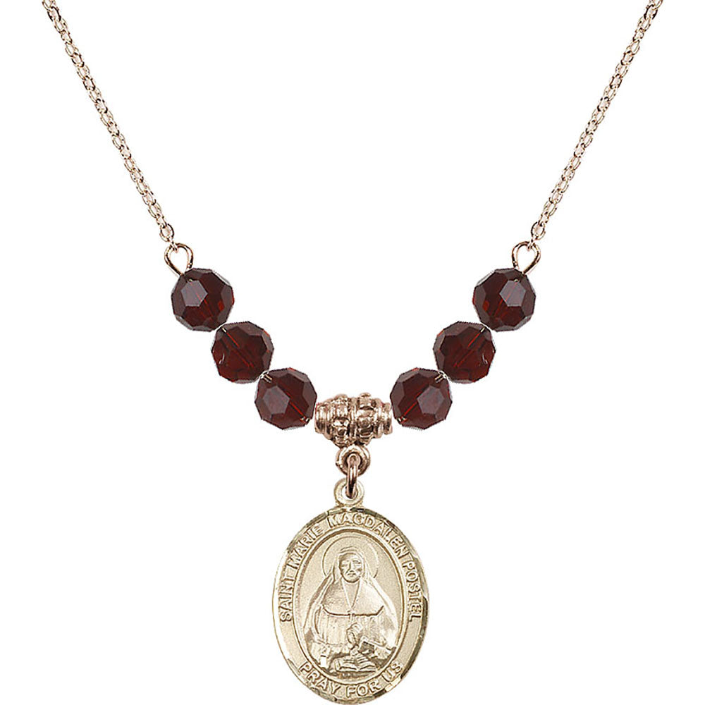 14kt Gold Filled Saint Marie Magdalen Postel Birthstone Necklace with Garnet Beads - 8294