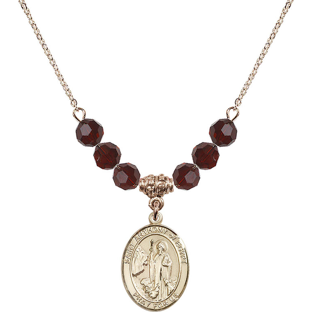 14kt Gold Filled Saint Anthony of Egypt Birthstone Necklace with Garnet Beads - 8317