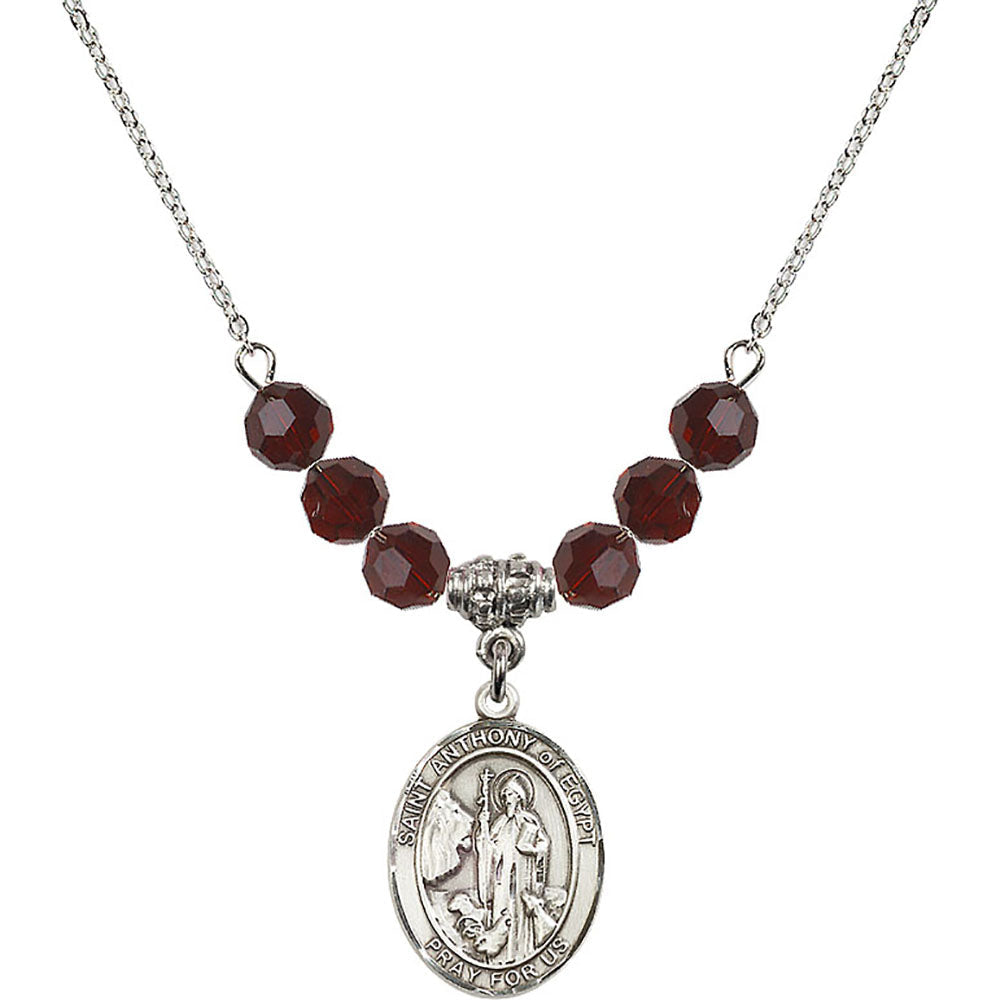 Sterling Silver Saint Anthony of Egypt Birthstone Necklace with Garnet Beads - 8317