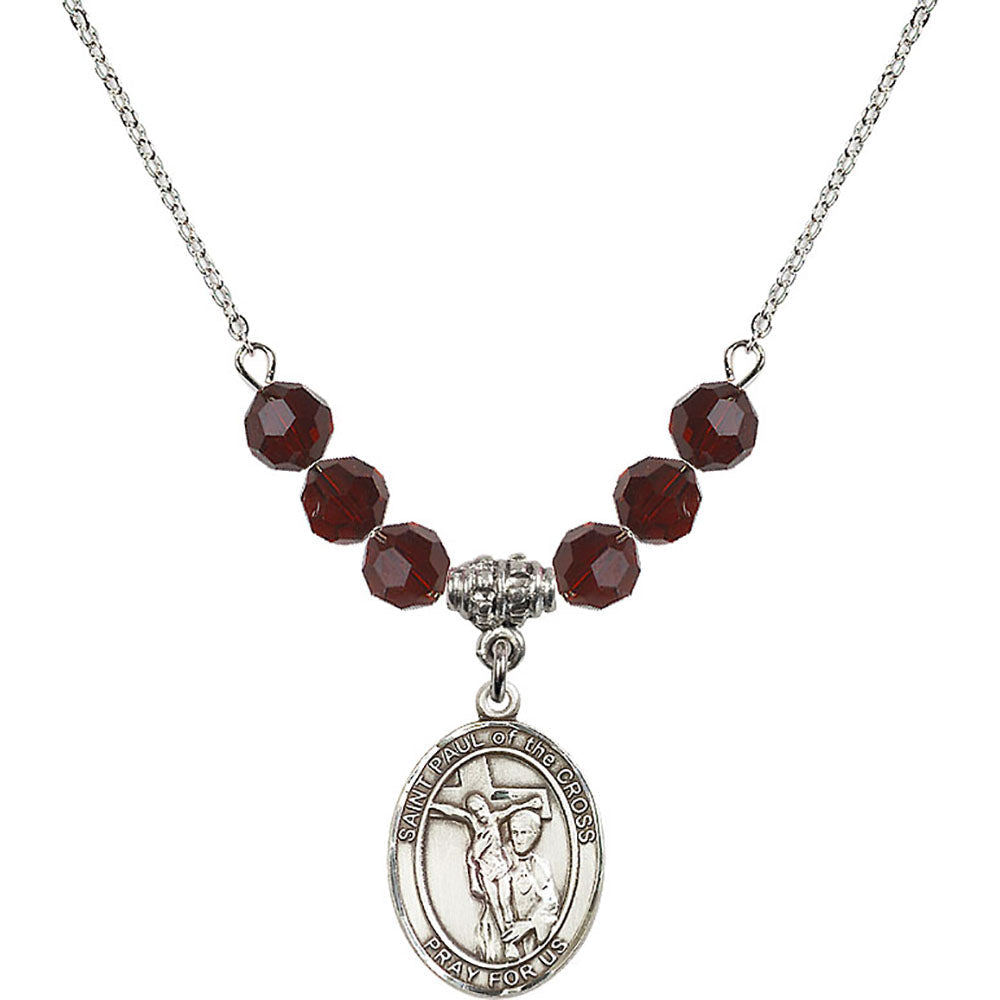 Sterling Silver Saint Paul of the Cross Birthstone Necklace with Garnet Beads - 8318