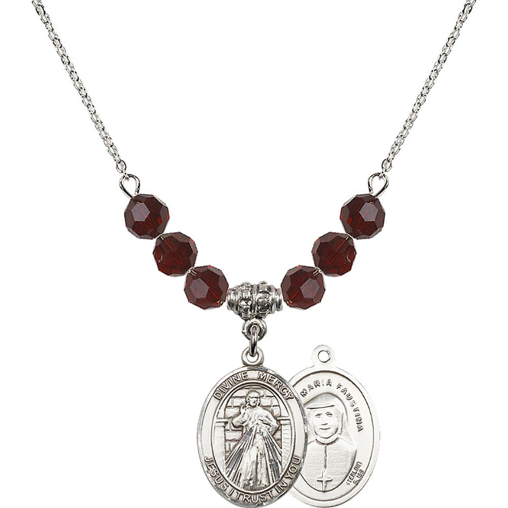 Sterling Silver Divine Mercy Birthstone Necklace with Garnet Beads - 8366