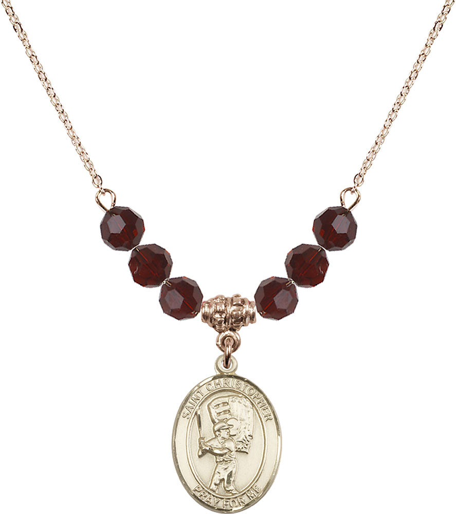 14kt Gold Filled Saint Christopher/Baseball Birthstone Necklace with Garnet Beads - 8500