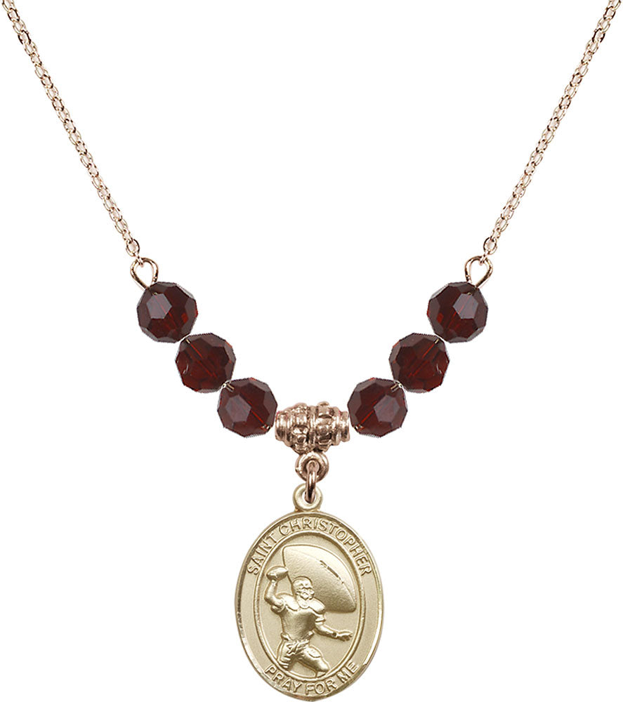 14kt Gold Filled Saint Christopher / Football Birthstone Necklace with Garnet Beads - 8501