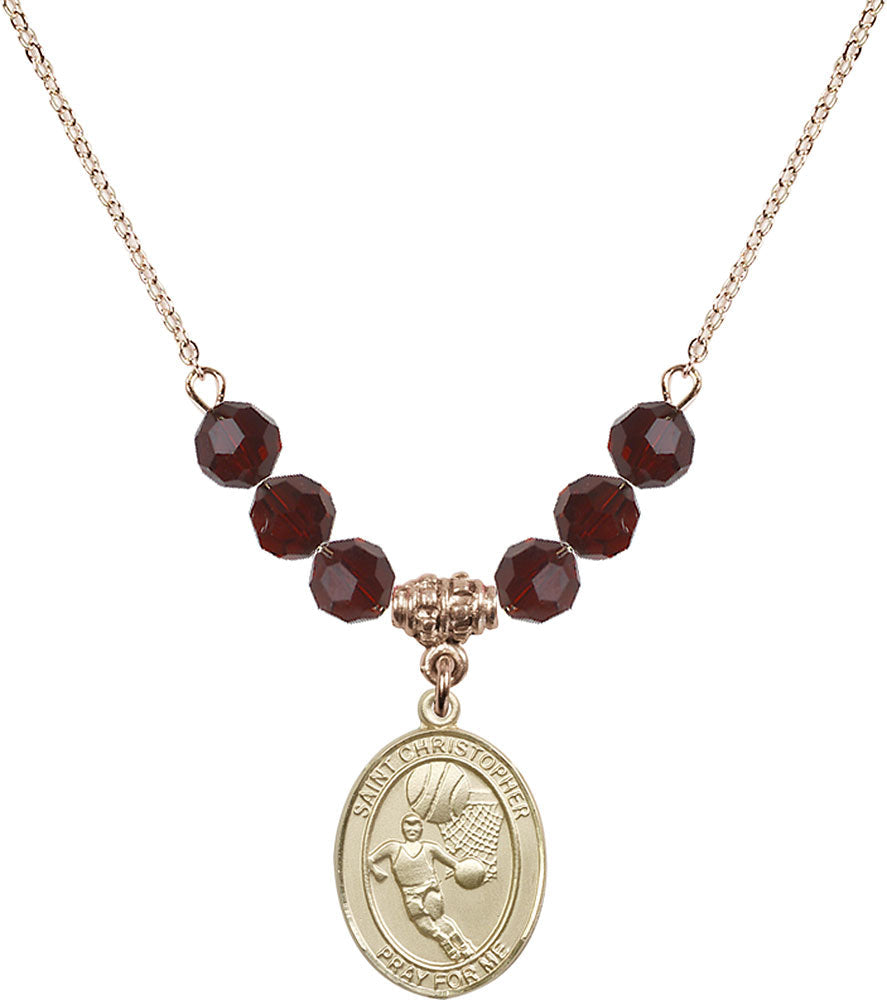14kt Gold Filled Saint Christopher/Basketball Birthstone Necklace with Garnet Beads - 8502