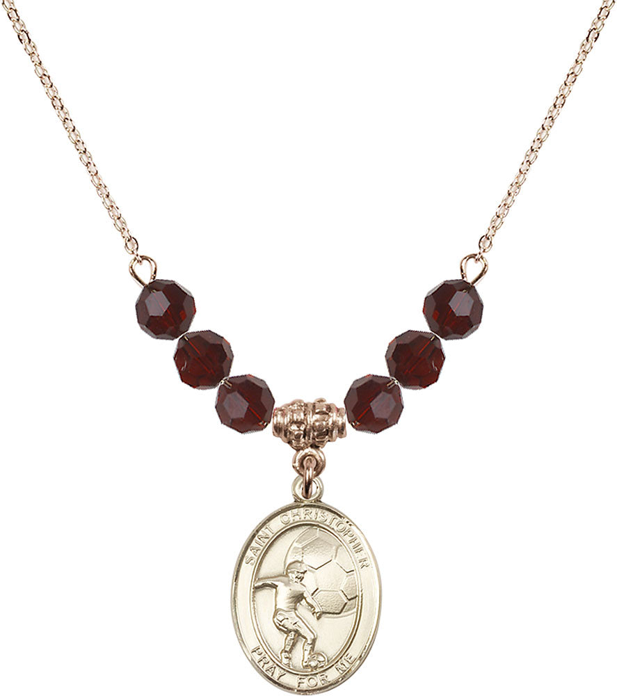 14kt Gold Filled Saint Christopher/Soccer Birthstone Necklace with Garnet Beads - 8503